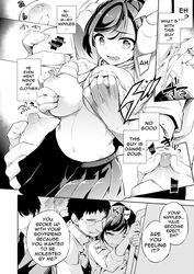 1boy1girl 1girls areola areolae big_breasts big_nipples black_and_white breasts comic english_text exposed_breasts female forced glasses groping hand_on_breast huge_breasts ichitaka large_breasts male male/female manga molestation netorare nipples school_uniform schoolgirl skirt speech_bubble straight text