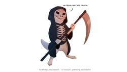 16:9 2020 animal_genitalia anthro balls biped dated english_text fully_sheathed fur genitals halloween halloween_costume hi_res holding_object holding_weapon holidays letodoesart lutrine male mammal mask melee_weapon mustelid pebble_(letodoesart) polearm scythe sheath simple_background skull_mask solo standing text weapon white_background white_body white_fur widescreen