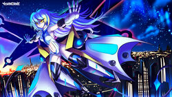 1girls armor arms_out blue_hair city digital_wings flying goddess ichimoral limis looking_at_viewer midriff original original_character plugsuit reverie_limis smiling spread_arms yellow_eyes