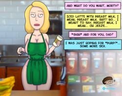 1girls bare_arms bare_ass bare_legs bare_shoulders beth_smith blonde_hair comic comic_page family fat_ass female female_only huge_ass huge_breasts iced_latte_with_breast_milk incest lactation large_ass large_breasts lipstick meme morty_smith mother naked_apron offscreen_character rick_and_morty rick_sanchez solo solo_female starbucks the_hobbit_artist thehobbitartist