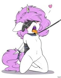 absurd_res arms_behind_back blindfold bondage bound equid equine female genitals hair hands_behind_back hasbro hi_res horn horse kneeling magic_inhibitor mammal my_little_pony nude open_mouth pony purple_hair pussy skoon solo tail_bondage tail_cuff tongue tongue_out white_body young