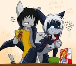 1boy 1girls 2017 abs anthro ass bent_over beverage big_breasts black_hair blue_body blue_hair blue_scales blue_stripes bodily_fluids bottomless bottomless_anthro bottomless_male breasts casual casual_sex cereal clothed clothing coffee crop_top cum cum_in_pussy cum_inside cum_on_butt dialogue digital_media_(artwork) domestic_cat duo ejaculation english_text facial_piercing felid feline felis female fish food fur furgonomics furry-specific_piercing genital_fluids grey_body grey_fur hair highlights_(coloring) male mammal marine milk mostly_nude multicolored_body multicolored_hair multicolored_scales multitasking muscular muscular_anthro muscular_female muzzle_piercing nika_sharkeh nipples nose_piercing nose_ring nude nude_female open_clothing open_topwear penetration piercing sandwich-anomaly scales shark sharp_teeth shirt simple_background simple_eyes smile standing straight striped_body striped_scales stripes tattoo teal_eyes teeth text topwear vaginal_penetration van_(sandwich-anomaly) whiskers white_body white_hair white_scales