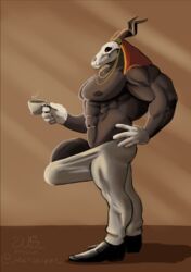 anthro barazoku beverage big_muscles big_penis bone bottomwear clothed clothing coffee elias_ainsworth erection erection_under_clothing footwear genitals hi_res horn huge_cock huge_muscles hyper male male_only morning morning_wood muscular pants penis shoes solo the_ancient_magus_bride unknown_species wolfsecret