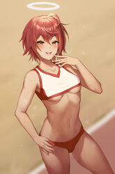 adjusting_clothes ahoge arknights bangs bare_arms bare_shoulders blurry blurry_background blush breasts breath buruma clavicle cowboy_shot crop_top exusiai_(arknights) eyebrows_visible_through_hair female female gym_uniform hair_between_eyes halo hand_to_own_mouth lipstick looking_at_viewer makeup medium_breasts mool_yueguang navel pink_lips red_buruma red_hair red_shorts short_hair shorts simple_background sleeveless smile solo sportswear steaming_body sweat thighs toned underboob uniform yellow_eyes