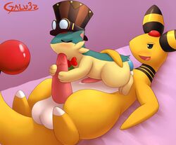 ampharos anal anal_sex balls bed big_dom_small_sub blush bodily_fluids bow_tie cum digital_media_(artwork) dildo dominant duo erection fellatio feral fur furniture galv3z_(artist) galvez_(galv3z) genital_fluids genitals headgear hi_res lying male male/male male_penetrated mammal nintendo on_bed oral penetration penile penis pokémon_(species) pokemon pokemon_(species) quilava sex sex_toy size_difference video_games yellow_body