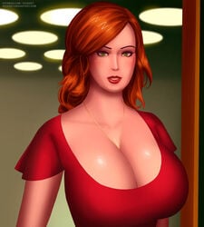 christine_kendricks cleavage copyright_request deep_cleavage full_cleavage green_eyes huge_breasts lipstick long_hair looking_at_viewer milf necklace plunging_neckline red_hair red_hair red_lipstick red_shirt svoidist