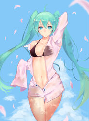 :d ahoge aqua_eyes aqua_hair atdan bikini bikini_top black_bikini black_bikini_top blue_eyes blush breasts cleavage dress_shirt erect_nipples female female flower green_hair hatsune_miku heart heart-shaped_pupils long_hair long_sleeves looking_at_viewer medium_breasts navel nipples one_arm_up open-mouth_smile open_clothes open_mouth open_shirt shirt sketch sleeves_past_wrists smile solo swimsuit symbol-shaped_pupils tied_hair twintails very_long_hair vocaloid wide_hips