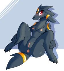 2021 anthro anus black_body black_fur blush breasts digital_media_(artwork) digitigrade ears_down eeveelution female fur genitals hi_res inget nintendo nipples nude pivoted_ears pokémon_(species) pokemon pussy red_eyes simple_background smile solo spread_legs spreading umbreon video_games