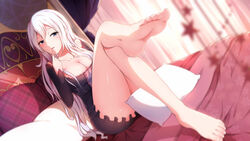 16:9_aspect_ratio ass bare_legs barefoot bed blue_eyes blush breasts censored cleavage convenient_censoring dress feet feet_towards_viewer female female finger_to_mouth large_breasts legs long_hair long_legs looking_at_viewer original pillow pov_feet sitting smile soles solo toenails toes white_hair xiao_ren