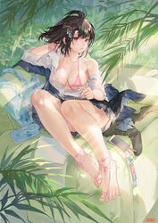 ahoge atdan bag bare_shoulders barefoot barefoot_sandals black_hair black_skirt bra breasts button_gap clavicle cleavage clothing collared_shirt feet female female hair_ornament halterneck high_resolution large_breasts lily_(atdan) looking_at_viewer miniskirt off_shoulder one_arm_up open_clothes open_mouth open_shirt original parted_lips phone pink_bra pleated_skirt red_eyes revision see-through shirt short_hair sidelocks skirt solo spread_toes string_bra thighs toes underwear wet wet_clothes wet_shirt white_shirt