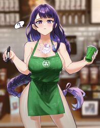 1girls apron blush braid burnt_green_tea cleavage drink female genshin_impact highres iced_latte_with_breast_milk large_breasts looking_at_viewer meme mihoyo milk_bottle naked_apron purple_eyes purple_hair raiden_shogun starbucks