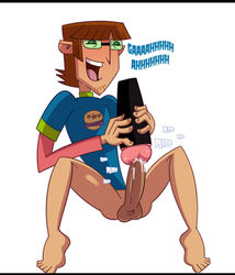 1boy 2015 balls big_penis blue_shirt bottomless bottomless_male brown_hair dark_penis erection facial_hair fleshlight ginger ginger_hair glasses green_glasses harold_(tdi) iyumiblue large_penis long_penis long_sleeves male_only male_solo masturbation nerd old_art onomatopoeia orange_hair penis pink_sleeves pleasure questionable_anatomy solo solo_male spread_legs testicles text tinted_eyewear total_drama_island white_background