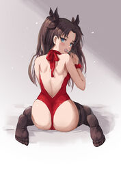 1girls ass bangs bare_shoulders black_hair_ribbon black_legwear black_ribbon black_socks blue_eyes blush brown_hair candy fate/stay_night fate_(series) female female_ass food from_behind hair_ornament hair_ribbon holding holding_food holding_object light-skinned_female light_skin lollipop long_hair looking_at_viewer looking_back looking_back_at_viewer mool_yueguang parted_bangs ribbon shoulder_blades sidelocks sitting socks solo thigh_socks thighhighs tohsaka_rin twintails two_side_up type-moon wariza