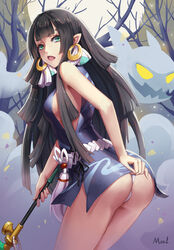 ass bare_shoulders bare_tree black_hair blue_eyes breasts d: earrings en'enra enenra_(onmyoji) female full_body high_resolution hoop_earrings in_profile jewelry kiseru legs lingerie long_hair long_legs looking_at_viewer medium_breasts mool_yuegang mool_yueguang onmyoji open_mouth pantsu pipe pointed_ears sideboob solo tree underwear white_panties white_underwear yanyanluo