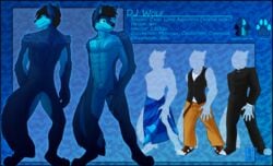 abs animal_genitalia anthro athletic balls blue_body blue_fur bottomwear clothed clothing digitigrade dj_wolf english_text fur fur_markings genitals male markings model_sheet nude pants sapphwolf sheath solo standing text topwear vest water_wolf