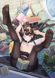 ;o anthropomorphization arms_up atdan azur_lane bird black_hair black_legwear black_skirt book bracelet breasts censored chick chicken clothes_pull convenient_censoring crop_top earrings feet female female fine_fabric_emphasis hair_ornament hair_spread_out hairclip high_resolution holding holding_clothes holding_object horns jewelry leaf leg_up long_hair looking_at_viewer lying manjuu_(azur_lane) medium_breasts midriff miniskirt neckerchief no_bra no_shoes noshiro_(azur_lane) on_back one_eye_closed oni_horns open_mouth pantyhose piercing piledriver plant pleated_skirt purple_eyes sailor_collar school_uniform serafuku shirt shirt_lift single_earring skirt skirt_lift skirt_pull soles solo stomach thighband_pantyhose toes underboob uniform upside-down very_long_hair wet white_shirt wink