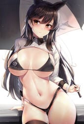 2019 alternative_costume animal_ears anthropomorphization archway_of_venus arm_support atago_(azur_lane) atago_(stunning_speedster)_(azur_lane) azur_lane bangs bikini black_bikini black_hair black_legwear black_swimsuit blush breasts brown_eyes cleavage closed_mouth clothing contrapposto curvaceous eyebrows_visible_through_hair female gluteal_fold grey_background hair_ornament hair_ribbon high_resolution highleg highleg_bikini highleg_swimsuit holding holding_umbrella jacket large_breasts leaning legwear logo long_hair looking_at_viewer micro_bikini mole mole_under_eye motokonut multi_ear navel open_mouth parted_lips pixiv_id_1836747 race_queen ribbon shrug_(clothing) sidelocks simple_background skindentation sleeve_cuffs solo swept_bangs swimsuit thighhighs thighs triangle_bikini umbrella white_ribbon wide_hips wrist_cuffs