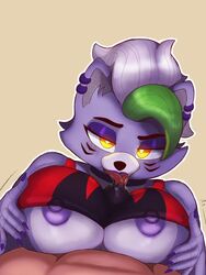 anthro bodily_fluids boobjob breasts cute faceless_male female five_nights_at_freddy's five_nights_at_freddy's:_security_breach jacksito_(artist) licking_penis looking_at_viewer male outercourse paizuri paizuri_under_clothes penis pov roxanne_wolf_(fnaf) saliva straight tongue tongue_out wet_clothes wolf