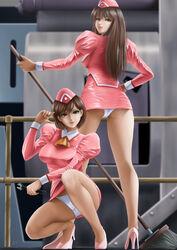 1girls 2girls agent_aika artist_name artist_signature ascot ass ass_cheeks bangs breasts broom brown_eyes brown_hair covered_erect_nipples crotch_seam curvy curvy_female delmo delmogeny_uniform duo female female_only from_behind full_body garrison_cap hat head_turn headwear heels high_heels high_resolution highres holding_broom holding_tool holding_wrench human jacket juliet_sleeves kneeling large_breasts latex light-skinned_female light_skin lingerie lips lipstick long_hair long_sleeves looking_at_viewer looking_back makeup mascara matching_hair/eyes matching_hair_and_eyes matching_underwear medium_breasts microdress minidress miniskirt multiple_girls panties pantyshot pantyshot_(kneeling) pantyshot_(standing) pencil_skirt pink_delmo pink_dress pink_footwear pink_hat pink_headwear pink_high_heels pink_jacket pink_shoes pink_skirt puffy_sleeves railing short_hair skin_tight skirt smile smiling_at_viewer spj_(artist) standing thick_thighs thighs tight_clothing tight_microdress tight_minidress tool two-tone_background villainess white_panties white_underwear wide_hips wrench