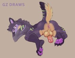 absurd_res anthro anus ass balls big_balls bubble_butt canid canine canis circumcised dantem_(character) genitals gz_draws hi_res humanoid looking_at_viewer male mammal pawpads paws penis purple_eyes raised_tail simple_background solo wolf