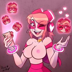 big_breasts breasts cellphone emoji female female_only medium_hair miniskirt miss_heed_(villainous) philelmago pink_eyes pink_hair pink_skin pink_skirt pleated_skirt skirt smile sole_female tagme topless villainous