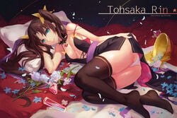 1girls atdan bed black_hair blue_eyes breasts fate/stay_night fate_(series) female flower hair_ornament hair_ribbon legs lingerie long_hair long_legs lying medium_breasts on_side pantsu ribbon smile solo thighhighs tied_hair tohsaka_rin twintails two_side_up underwear