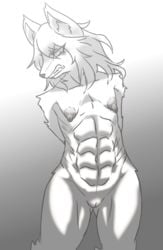 abs angry breasts canid female fur genitals grey_nipples hi_res kiukiu mammal muscular muscular_female nipples pussy small_breasts solo white_body white_fur