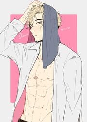 1boy abs atsumu_miya blonde_hair grey_eyes haikyuu!! male male_only solo towel_on_head wet