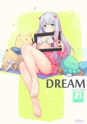 angry aqua_eyes atdan barefoot bear blush book bow breasts closed_mouth computer_mouse drawing_tablet eromanga_sensei feet feline female full_body high_resolution holding izumi_sagiri long_hair long_sleeves looking_at_viewer medium_breasts octopus pink_bow pink_shirt pink_shorts plantar_flexion shirt shorts silver_hair sitting slq solo stuffed_animal stuffed_toy stylus tablet tablet_computer toes very_long_hair watermark white_hair