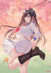 1girls artist_name atdan autumn autumn_leaves blue_sailor_collar breasts brown_hair feet female floating_hair green_eyes high_resolution leaf leg_up light-skinned_female light_skin long_hair long_sleeves looking_at_viewer maple_leaf medium_breasts midriff miniskirt neckerchief no_shoes open_mouth original pleated_skirt red_neckwear revision sailor_collar school_uniform serafuku shirt shirt_overhang sidelocks skirt smile solo standing standing_on_one_leg thighhighs thighhighs_pull uniform white_shirt white_skirt