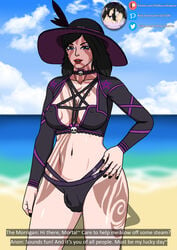 1futa alternate_costume beach breasts bulge cleavage clothed clothing dialogue dickgirl english_text futa_only futanari glasses goddess hat human large_breasts light-skinned_futanari light_skin looking_at_viewer markings mostly_nude ocean pale_skin self_upload smite solo spf_666_the_morrigan standing summer tattoo the_morrigan_(smite) theobscureone