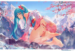 2016 ahoge all_fours artist_name ass atdan bangs bare_legs barefoot blue_eyes blue_hair blue_nails blue_sky blue_toenails breasts censored character_name cherry_blossom convenient_censoring dated day dutch_angle eyelashes feet female fingernails floral_print flower hair_between_eyes hair_flower hair_ornament hair_ribbon hand_on_ass hatsune_miku kimono legs letterboxed long_hair long_sleeves looking_at_viewer matching_hair_and_eye_color medium_breasts mountain nail_polish no_panties obi off_shoulder on_ground onsen open_mouth petals print_kimono red_flower revision ribbon robe sash short_kimono sky snow soles solo star star-shaped_pupils star_(symbol) steam symbol-shaped_pupils tied_hair toenail_polish toenails toes twintails very_long_hair vocaloid wafuku water_drop