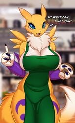 anthro apron big_breasts blue_eyes breasts dialogue digimon digimon_(species) digimon_tamers english_text female fur furry furry_only iced_latte_with_breast_milk meme no_visible_genitalia no_visible_nipples renamon solo starbucks tail text thick_thighs valkoinen