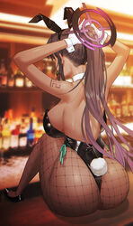 1girls alcohol animal_ears ass back bar bare_back bare_shoulders black_footwear black_hair black_leotard blue_archive bottle breasts bunny_ears bunny_tail cleaning_&_clearing_(blue_archive) clothing counter dark-skinned_female dark_skin detached_collar eun_bari extra_ears fake_animal_ears fake_tail female fishnet_legwear fishnets footwear from_behind gloves halo high_resolution indoors karin_(blue_archive) karin_(bunny)_(blue_archive) large_breasts leotard long_hair millennium_science_school_student pantyhose playboy_bunny ponytail shoes side-tie_leotard sideboob sidelocks sitting solo strapless strapless_leotard tail thong thong_leotard tied_hair tying_hair very_high_resolution very_long_hair whiskey white_gloves wrist_cuffs