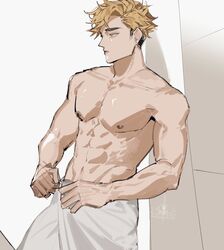 1boy abs amber_eyes atsumu_miya bathroom_wall blonde_hair haikyuu!! male_only muscular solo_male towel towel_around_waist