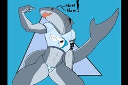 abs anthro breasts cameltoe clothing f_draws female fin fish gills grey_body grey_scales hi_res marine muscular muscular_female non-mammal_breasts open_mouth scales selene_(f_draws) shark sharp_teeth simple_background smile solo tattoo teeth text underwear