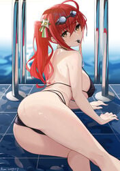 ahoge anthropomorphization artist_name ass asymmetrical_hair azur_lane back bangs bare_arms bare_back bare_shoulders bikini black_bikini black_swimsuit blurry blurry_background blush breasts clavicle closed_mouth dated eyebrows_visible_through_hair female from_behind goggles goggles_on_head hair_between_eyes hair_ornament high_ponytail high_resolution komi_(komiking) large_breasts long_hair looking_at_viewer looking_back lying mouth_hold multi-strapped_bikini navel on_floor on_stomach ponytail pool pool_ladder poolside red_hair side_ponytail sideboob sidelocks skindentation smile solo swimsuit tied_hair water wet whistle whistle_around_neck yellow_eyes zara_(azur_lane) zara_(poolside_coincidence)_(azur_lane)