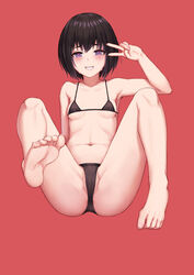 armpits ass bangs bare_legs bare_shoulders barefoot bikini black_bikini black_bra black_hair black_panties black_swimsuit black_underwear bra breasts eyebrows_visible_through_hair feet female female full_body heart heart-shaped_pupils heart_in_eye high_resolution legs long_sleeves looking_at_viewer micro_bikini mool_yuegang mool_yueguang navel original pantsu partially_visible_vulva purple_eyes red_background short_hair simple_background sitting small_breasts smile soles solo spread_legs swimsuit symbol-shaped_pupils symbol_in_eye toes underwear v