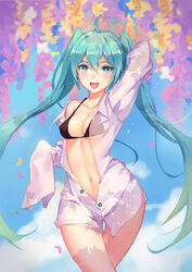 :d ahoge aqua_eyes aqua_hair atdan bikini bikini_top black_bikini black_bikini_top blue_eyes blush breasts cleavage curvaceous dress_shirt erect_nipples female female flower green_hair hatsune_miku heart heart-shaped_pupils high_resolution long_hair long_sleeves looking_at_viewer medium_breasts navel nipples oerba_yun_fang one_arm_up open-mouth_smile open_clothes open_mouth open_shirt shirt sketch sleeves_past_wrists smile solo swimsuit symbol-shaped_pupils tied_hair twintails very_long_hair vocaloid wide_hips