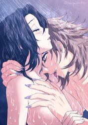 1boy 1girls blue_nails blush close-up closed_eyes completely_nude dark_hair demon_slayer douma fangs female hakogardenmiko kimetsu_no_yaiba kochou_shinobu licking long_fingernails male nude rainbow_eyes sharp_fingernails shower tongue_out upper_body wet