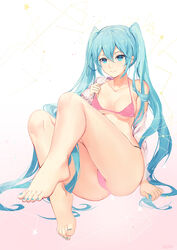 adjusting_clothes adjusting_swimsuit aqua_eyes aqua_hair aqua_nails atdan barefoot bikini breasts feet female full_body hair_between_eyes hatsune_miku high_resolution legs long_hair looking_at_viewer medium_breasts nail_polish off_shoulder pink_bikini pink_swimsuit signature sitting smile solo strap_pull swimsuit tied_hair toenail_polish toes twintails very_long_hair vocaloid