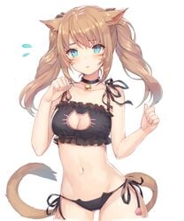 animal_ears animal_lingerie aqua_eyes bare_arms bare_shoulders bare_thighs bell bell_choker black_bra black_panties black_underwear blush bra breasts brown_hair cat_cutout cat_ear_panties cat_keyhole_bra cat_lingerie cat_tail choker clavicle cleavage cleavage_cutout clothing clothing_cutout cowboy_shot facial_mark female female female_only final_fantasy final_fantasy_xiv flying_sweatdrops frills jingle_bell keyhole_bra lingerie long_hair medium_breasts meme_attire miqo'te momoko_(momopoco) navel nekomimi pantsu paw_pose side-tie_panties sidelocks simple_background slit_pupils solo tail thighs tied_hair twintails underwear underwear_only white_background