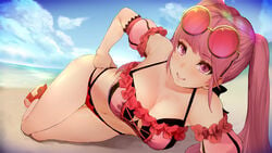 1girls alternate_costume bangs bare_legs beach bikini breasts cleavage eyewear_on_head female fire_emblem fire_emblem:_three_houses fire_emblem_heroes hilda_valentine_goneril hilda_valentine_goneril_(summer) large_breasts long_hair looking_at_viewer lying nintendo nyc ocean official_alternate_costume on_side pink_bikini pink_eyes pink_hair pink_swimsuit sand sandals smile solo sunglasses swimsuit twintails