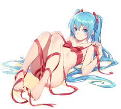 bangs barefoot between_toes blue_eyes blue_hair bow breasts clavicle closed_mouth eyelashes feet feet_towards_viewer female female full_body hair_between_eyes hair_ornament hatsune_miku high_resolution holding knees_up legs legs_together legs_up long_hair long_legs looking_at_viewer lying matching_hair_and_eye_color naked_ribbon nian on_back partially_visible_vulva pigeon_toed red_bow red_ribbon ribbon shadow shiny shiny_hair simple_background small_breasts smile solo tied_hair toes twintails very_long_hair vocaloid white_background