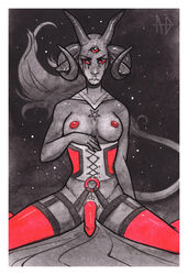 2021 5_fingers andyd anthro areola baphomet_(deity) bovid breasts caprine caprine_demon deity demon fingers futanari genitals goat_demon gynomorph hi_res intersex mammal nipples penis red_eyes solo traditional_media_(artwork)