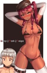 2girls absurdres arms_behind_head bags_under_eyes beret bikini black_bikini black_collar blush breasts clyde_s collar collarbone contrapposto dark-skinned_female dark_skin elbow_gloves eyebrows_visible_through_hair female female_commander_(girls'_frontline) female_focus female_only gachimuchi girls'_frontline gloves grey_hair hair_between_eyes hair_ornament hat head_tilt highres large_breasts leash long_hair looking_at_viewer mars_symbol micro_bikini multiple_girls naughty_face navel nose_blush o-ring o-ring_bikini one_side_up purple_hair red_eyes revision saiga-12_(girls'_frontline) short_hair stomach swimsuit thigh_strap thighhighs thighs tongue tongue_out underboob white_gloves white_legwear yellow_eyes