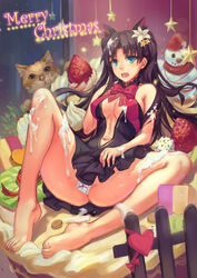 animal_ears atdan bare_shoulders barefoot black_hair blue_eyes blush breasts cake center_opening christmas cleavage cream cum cum_on_body cum_on_face fate/stay_night fate_(series) feet feline female flower food food_on_head fruit hair_flower hair_ornament high_resolution in_food legs long_hair long_legs maebari medium_breasts merry_christmas minigirl navel nekomimi no_bra nopan object_on_head open_mouth skirt solo spread_legs strawberry thighs tohsaka_rin two_side_up very_high_resolution