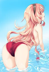 ass bra_removed breasts compa covering_breasts female_only hairband in_water iwasi_r looking_back neptunia_(series) open_mouth orange_hair partially_submerged underwear_only