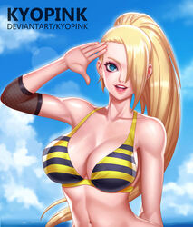 1girls beach big_breasts bikini blonde_hair blue_eyes blue_sky breasts cleavage clouds curvaceous elbow_pads female female_only fishnets fully_clothed hair_over_one_eye ino_yamanaka kyopink looking_at_viewer midriff naruto naruto_(series) naruto_shippuden ocean open_mouth outdoors ponytail sky slim_waist solo solo_focus striped_bikini stripes swimsuit tied_hair upper_body waving wide_hips yellow_bikini