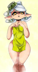 1girls 9:16 bare_shoulders big_breasts breasts cephalopod cleavage completely_nude covering covering_breasts covering_crotch curvaceous curvy digital_media_(artwork) earrings fangs female female_only green_towel hair hair_ribbon half-closed_eyes hat hi_res holding_object inkling large_breasts legs_together light-skinned_female light_skin long_ears looking_down marie_(splatoon) marine mole mole_under_eye naked nintendo nipple_bulge nude nude_female open_mouth pointy_ears shiny_skin sideboob simple_background small_towel sonson-sensei splatoon standing star_shaped_pupils steam teeth tentacle_hair thick_thighs thighs towel unusual_pupils wet white_hair wide_hips yellow_eyes